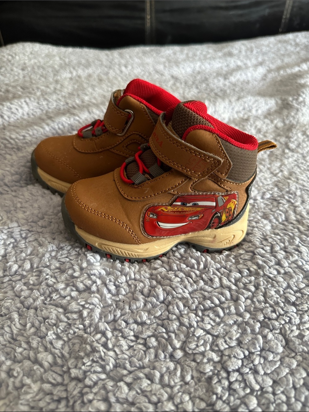 Kids Brown and Red Lightning Car Waterproof Boots